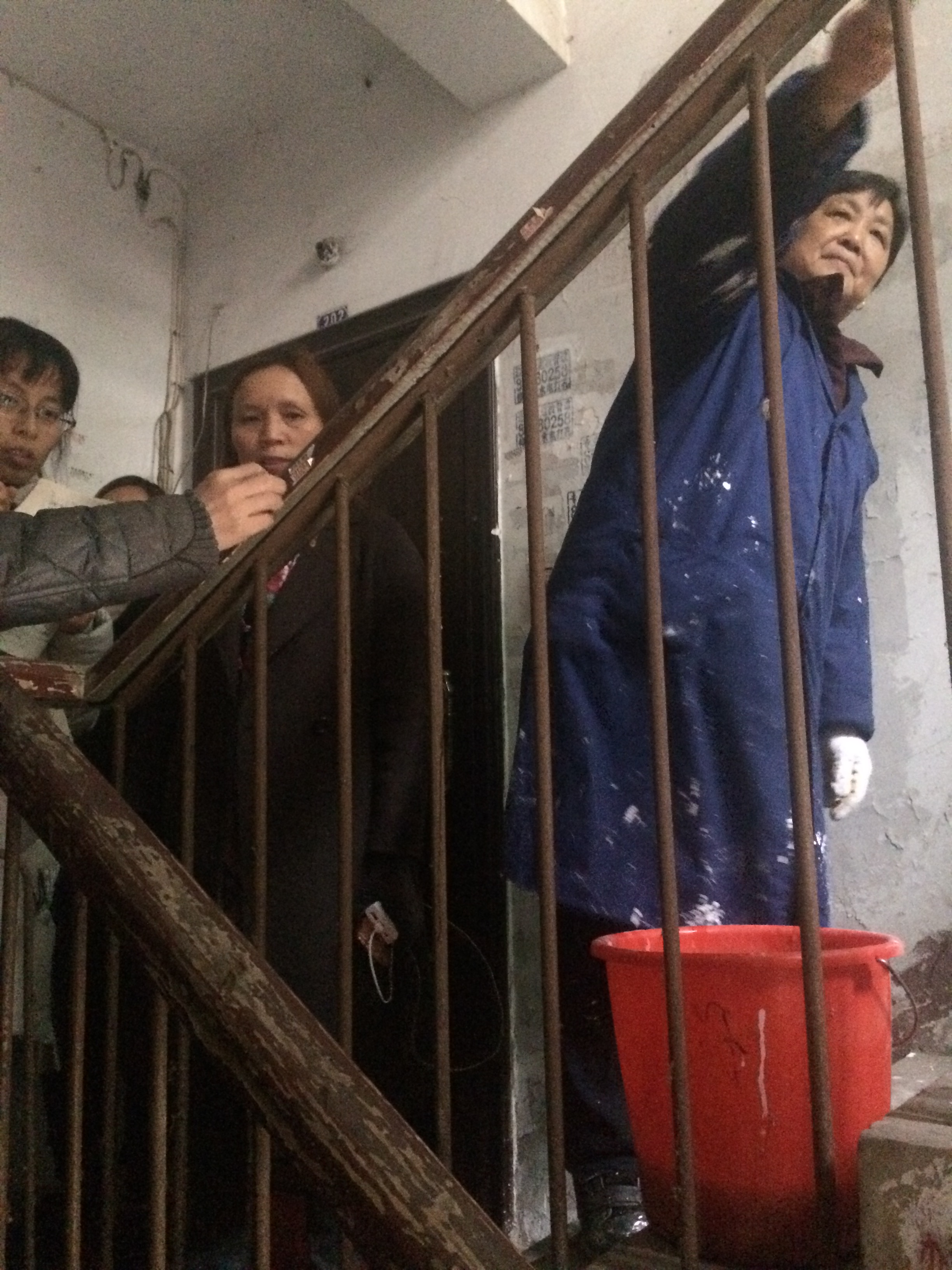 图为马慧芳代表进小区楼道督查小广告清理