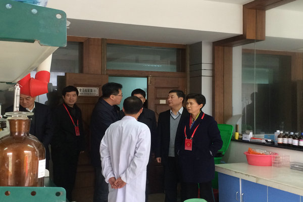 图为代表视察市检验检测中心的食品检验室